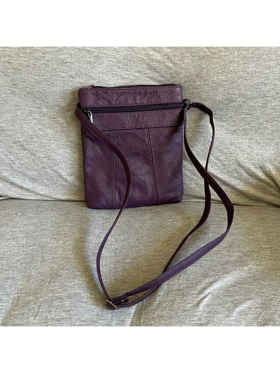 Handbags - Purple Leather Crossbody Bag With Multiple Zipper Compartments & Adjustable Stra